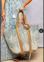 Woven Designed in Tote Bag in Denim, Crochet Weave, Dotted Pattern