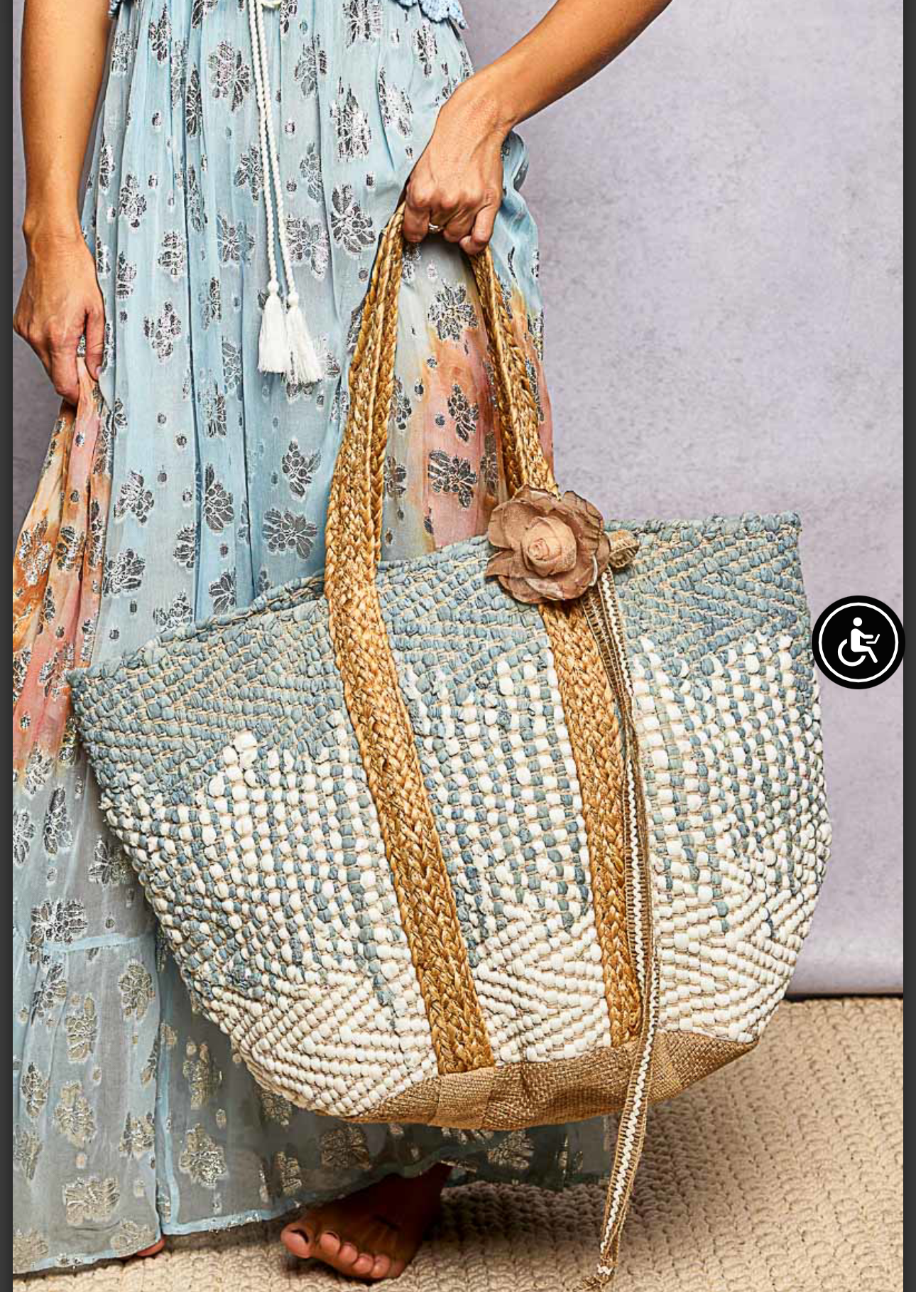 Woven Designed in Tote Bag in Denim, Crochet Weave, Dotted Pattern