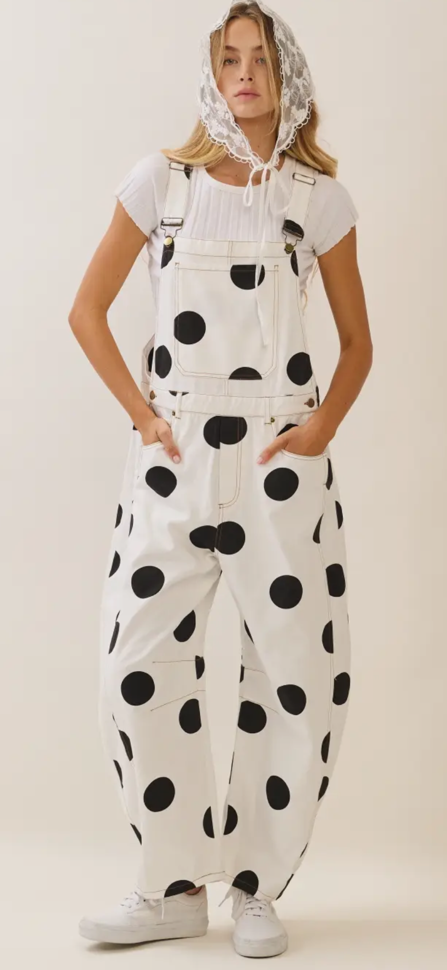 Polka Dot Overalls with Adjustable Buckle Straps, Front Patch Pockets and Relaxed Midi Length