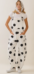 Polka Dot Overalls with Adjustable Buckle Straps, Front Patch Pockets and Relaxed Midi Length
