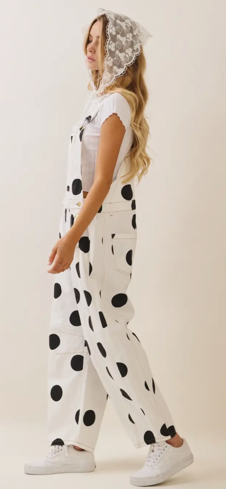 Polka Dot Overalls with Adjustable Buckle Straps, Front Patch Pockets and Relaxed Midi Length