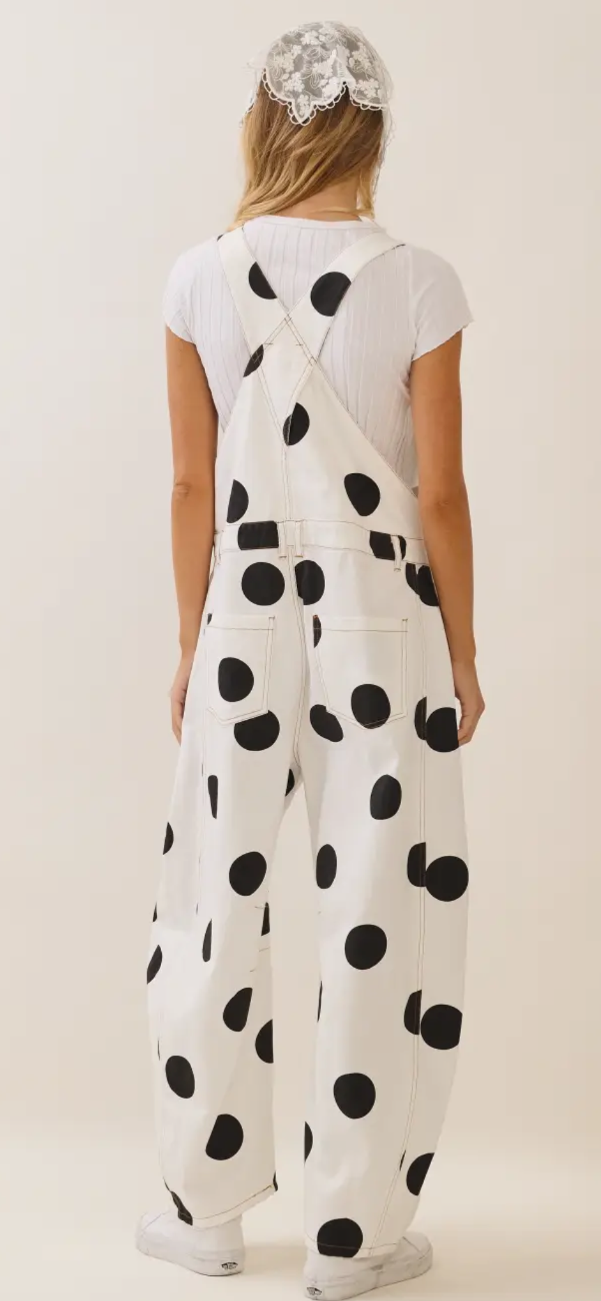 Polka Dot Overalls with Adjustable Buckle Straps, Front Patch Pockets and Relaxed Midi Length