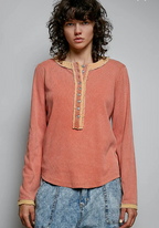 Solid Long Sleeve Round Neck Lace Trim Rib Knit Top-carrot