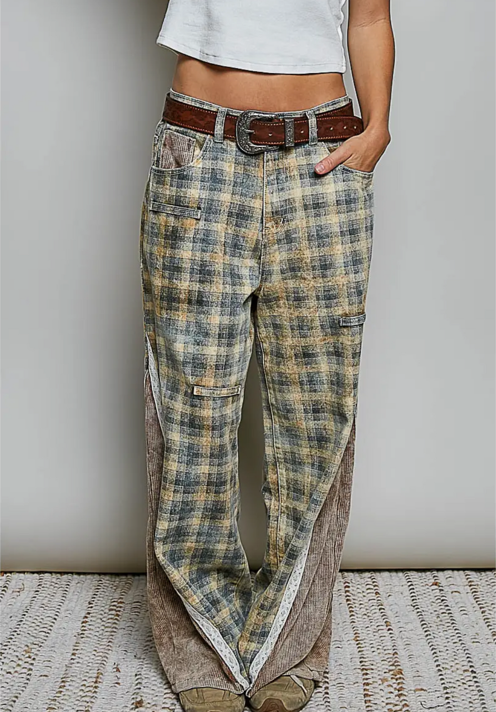 Vintage Thermal Patch Print Twill High Rise Wide Leg-mustard plaid
