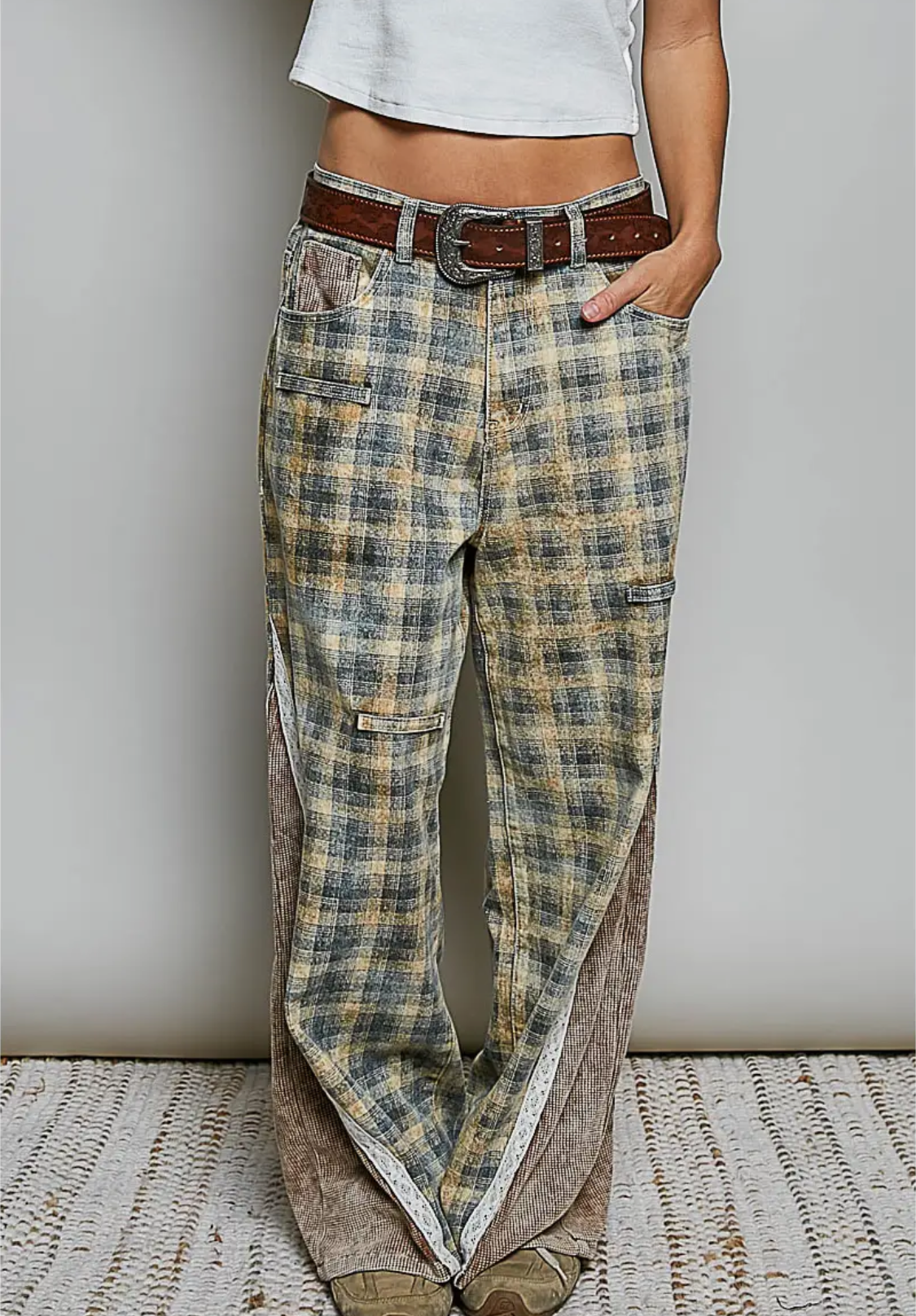 Vintage Thermal Patch Print Twill High Rise Wide Leg-mustard plaid