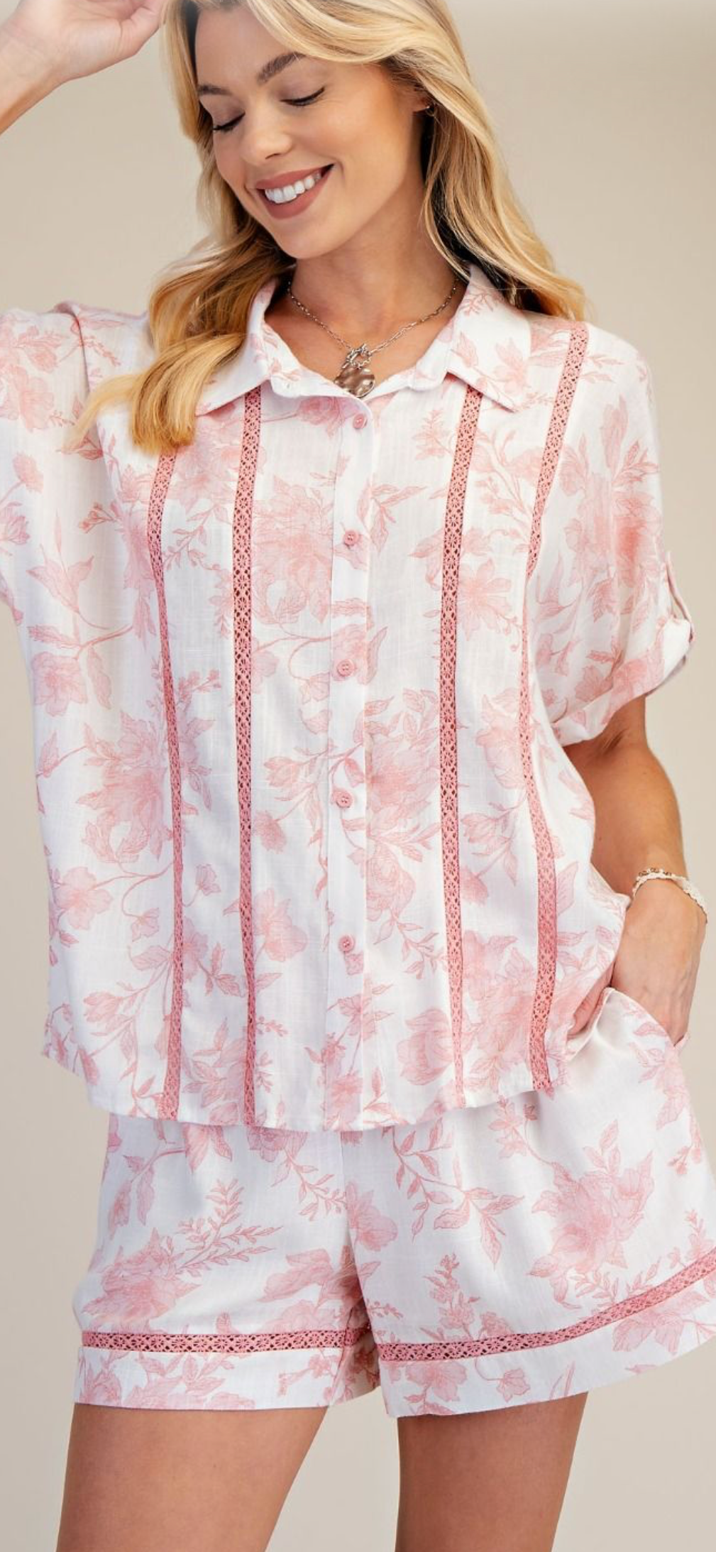 Printed Rayon Linen Shorts-Pink