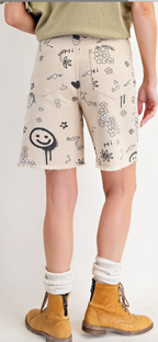 Printed Washed Denim Shorts