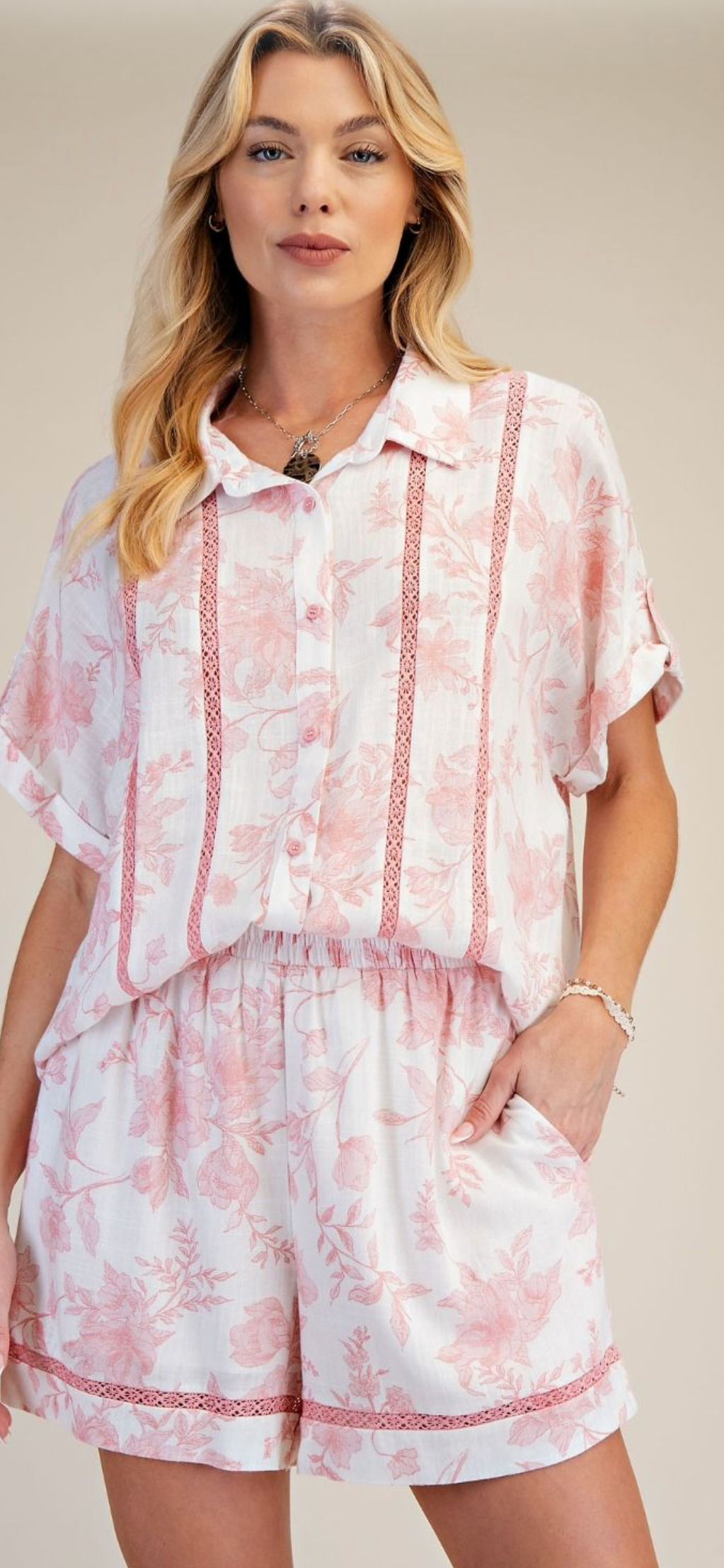 Printed Rayon Linen Shorts-Pink