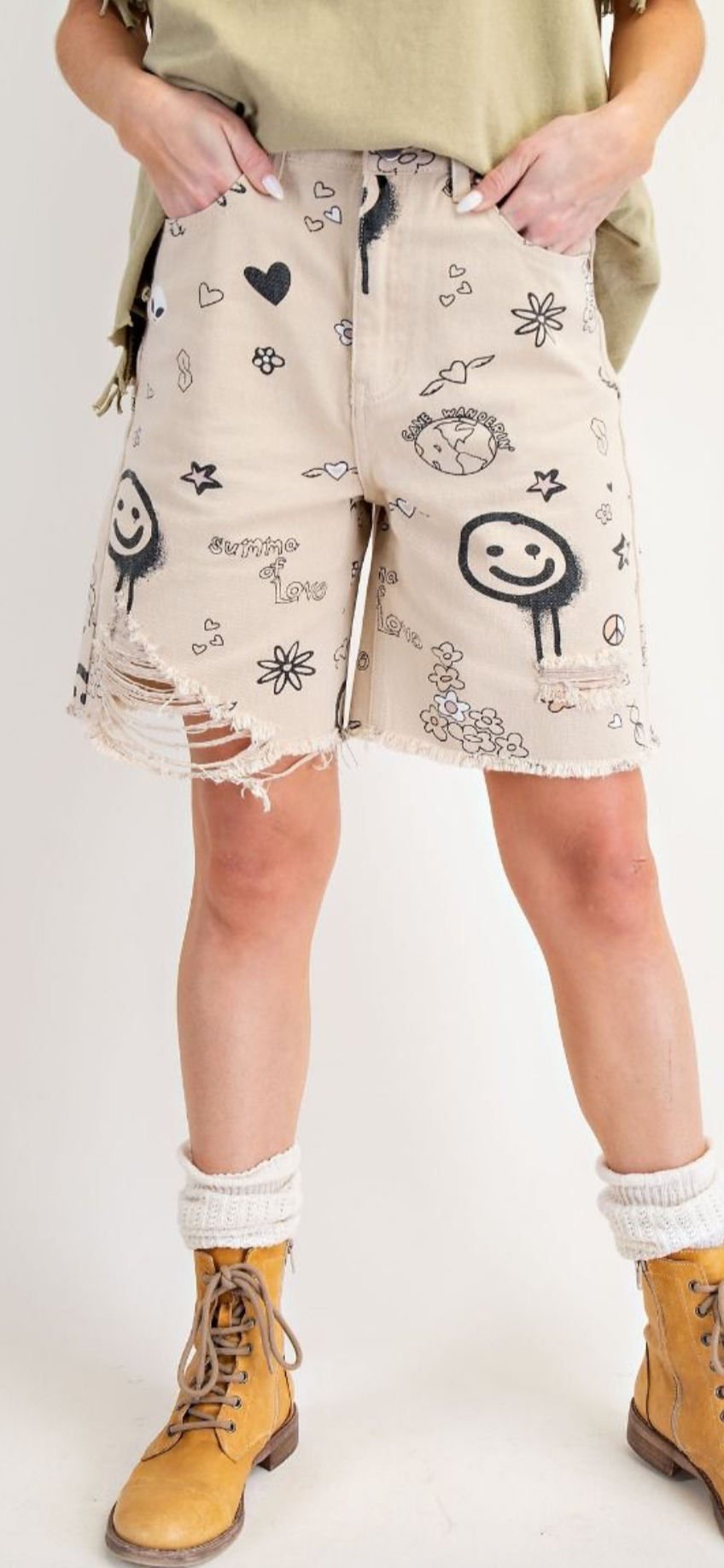 Printed Washed Denim Shorts