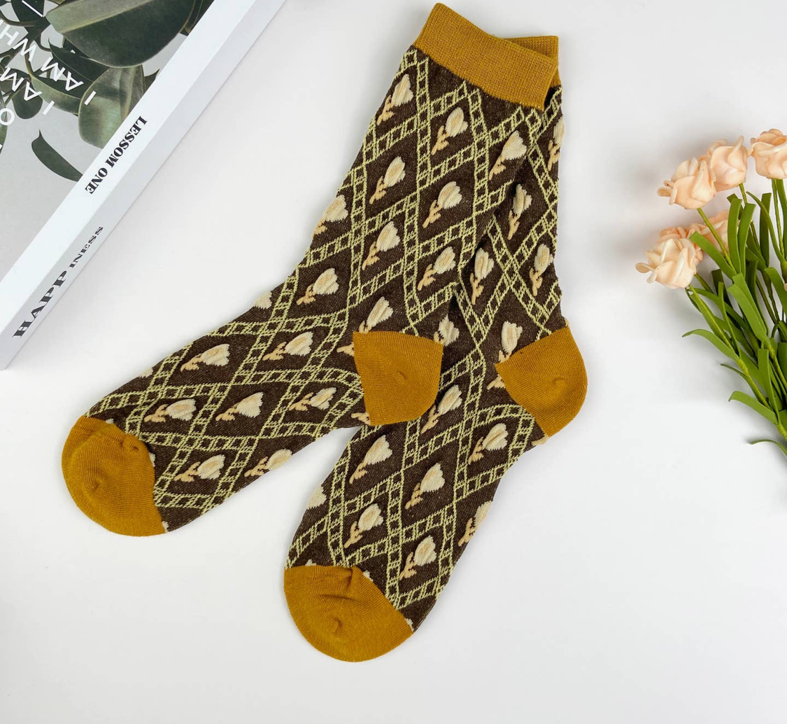 Combed Cotton Women's Socks Floral Mid Calf Socks-Black