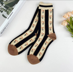 Combed Cotton Women's Socks Floral Mid Calf Socks-Black