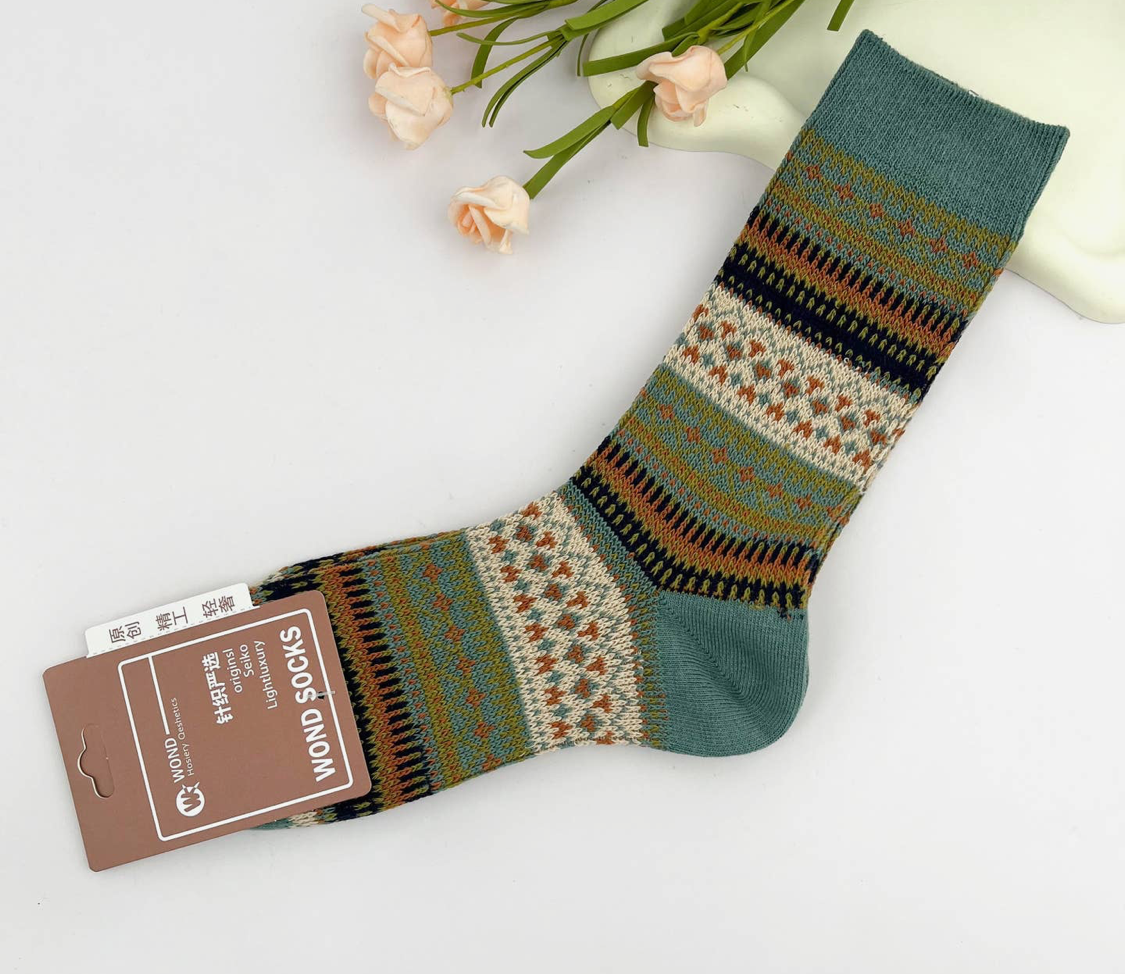 Vintage Striped Artistic Mid-Calf Socks-Green