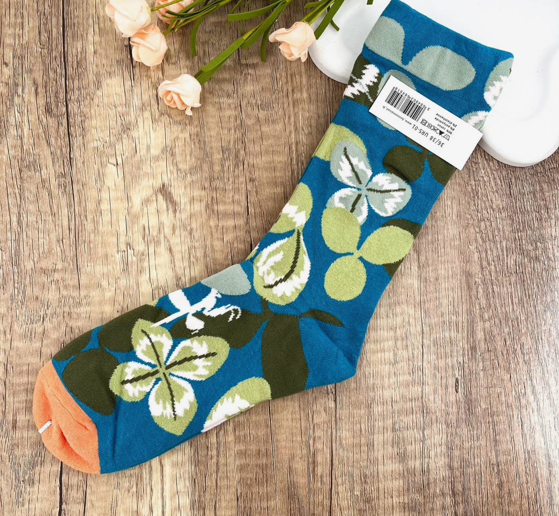Vintage Floral Leaf Pattern Mid-Calf Socks-Blue-Leaf