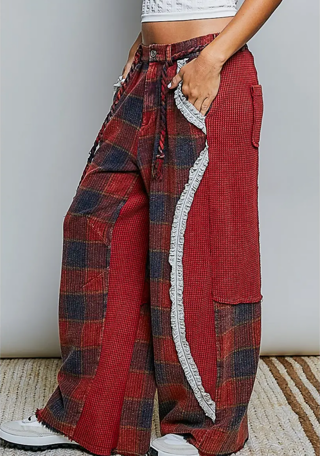 Thermal Patchwork Check Lace Mixed Insert Wide Leg Pants-wine multi