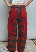 Thermal Patchwork Check Lace Mixed Insert Wide Leg Pants-wine multi