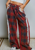 Thermal Patchwork Check Lace Mixed Insert Wide Leg Pants-wine multi