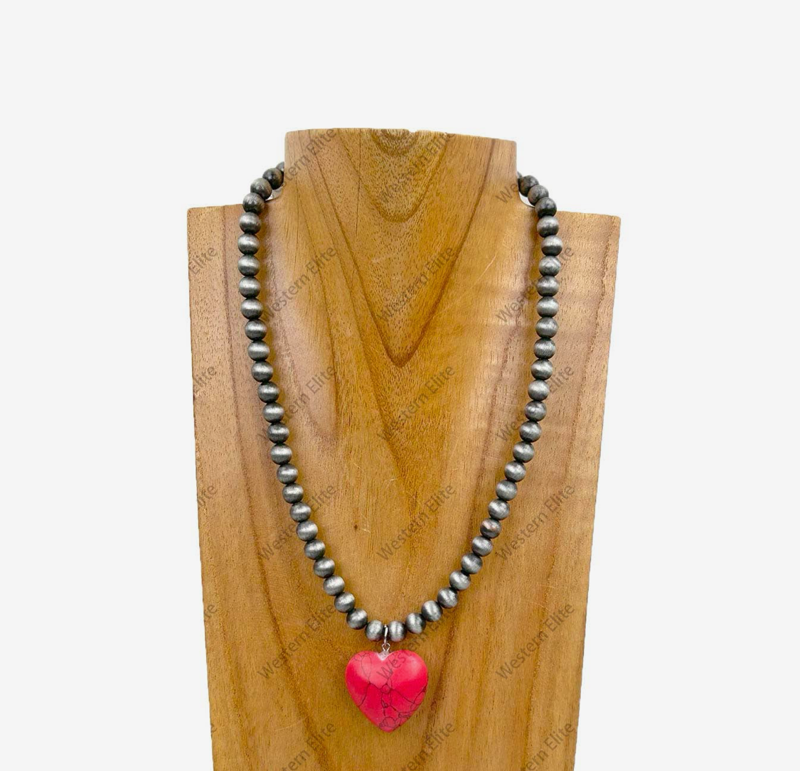17" Silver Navajo Beads with Red Heart Stone