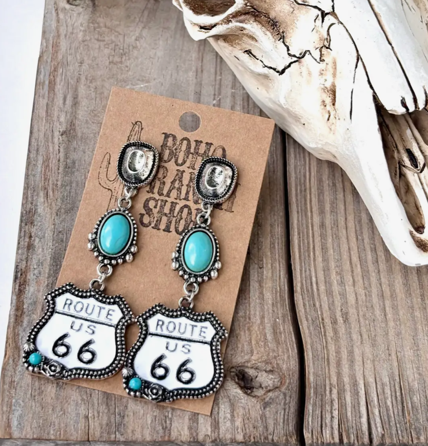 3Teired Western Style Turquoise Stone Post Drop Earrings- Route 66