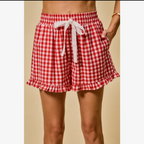 Ruffled Bottom Detail Shorts- red and White Checkered