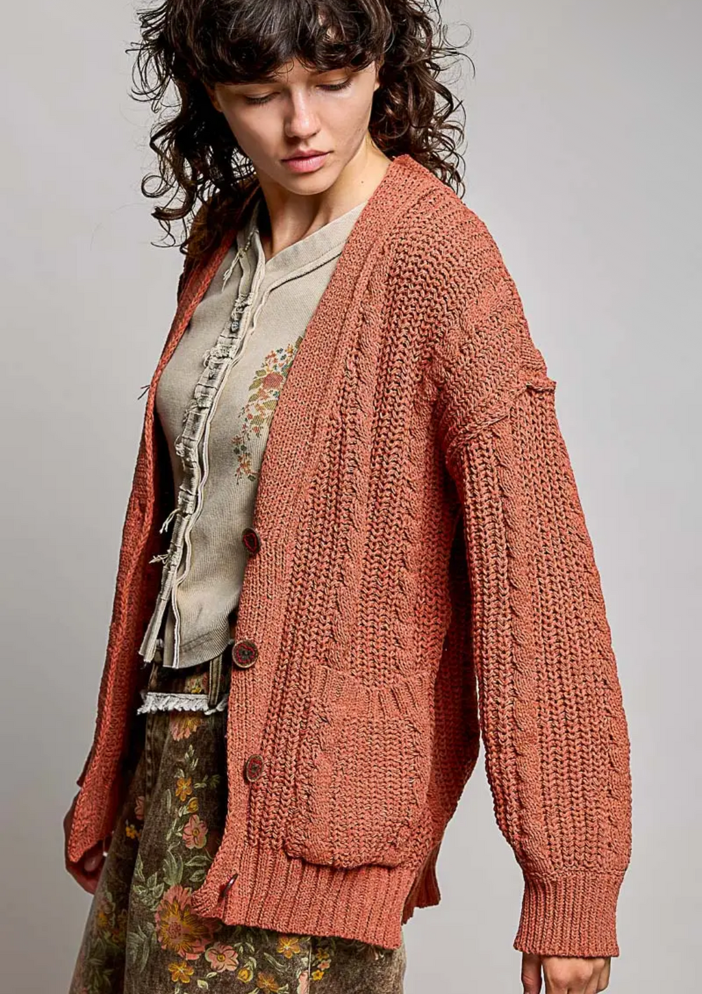 Cozy Textured Chunky Ribbed Knit Cardigan-brick