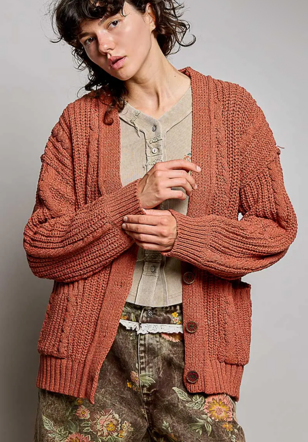 Cozy Textured Chunky Ribbed Knit Cardigan-brick