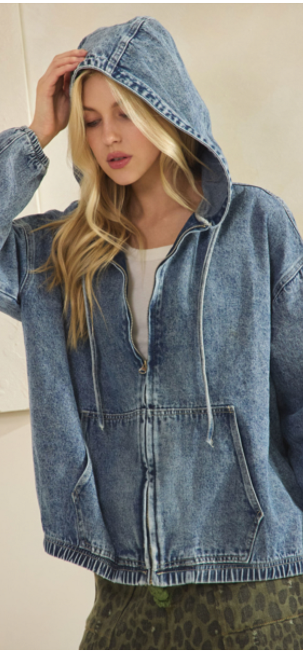 Vintage Wash Denim Zip-Up Hoodie