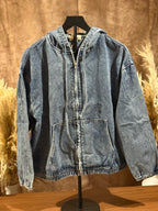 Vintage Wash Denim Zip-Up Hoodie