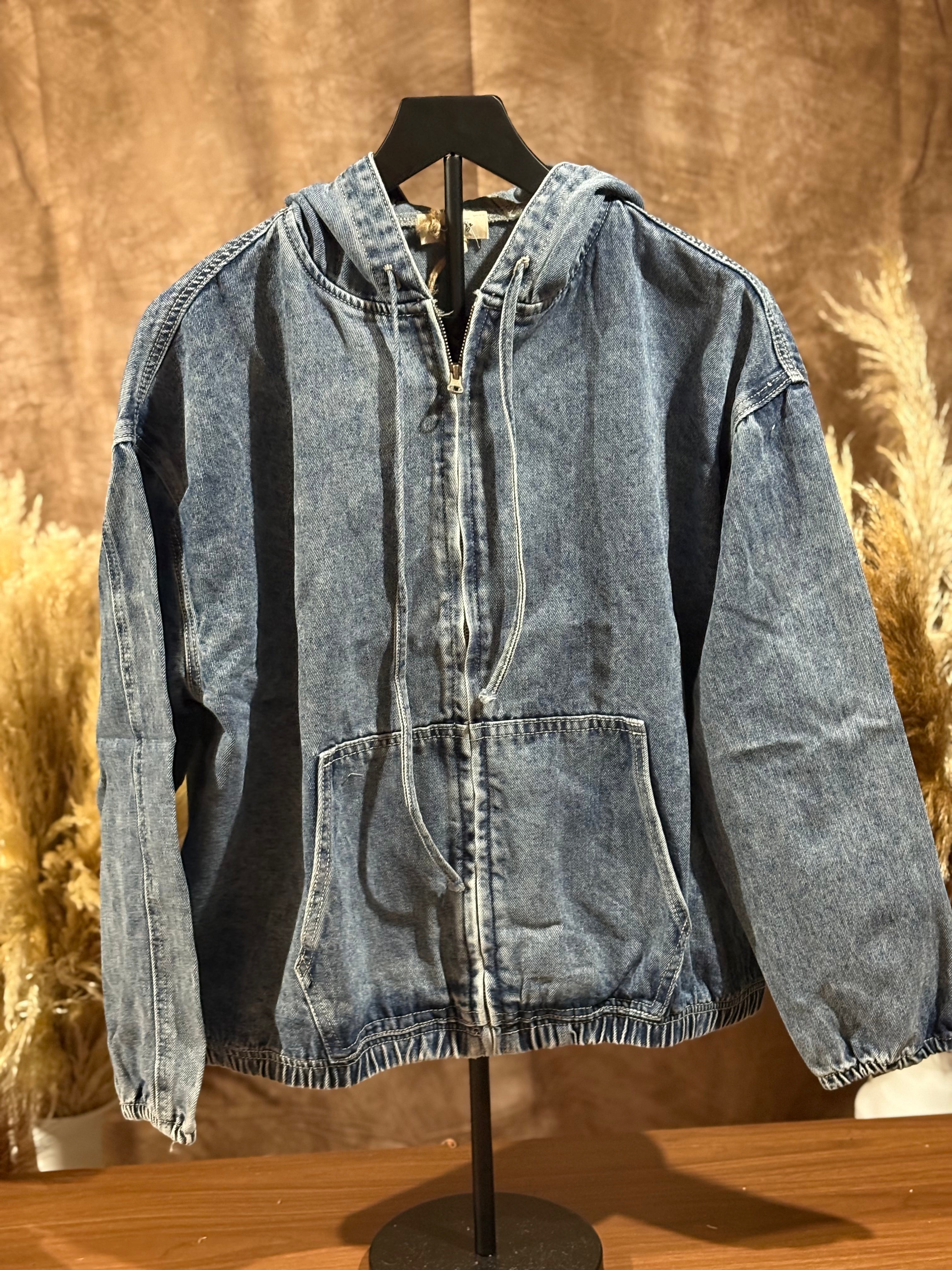 Vintage Wash Denim Zip-Up Hoodie