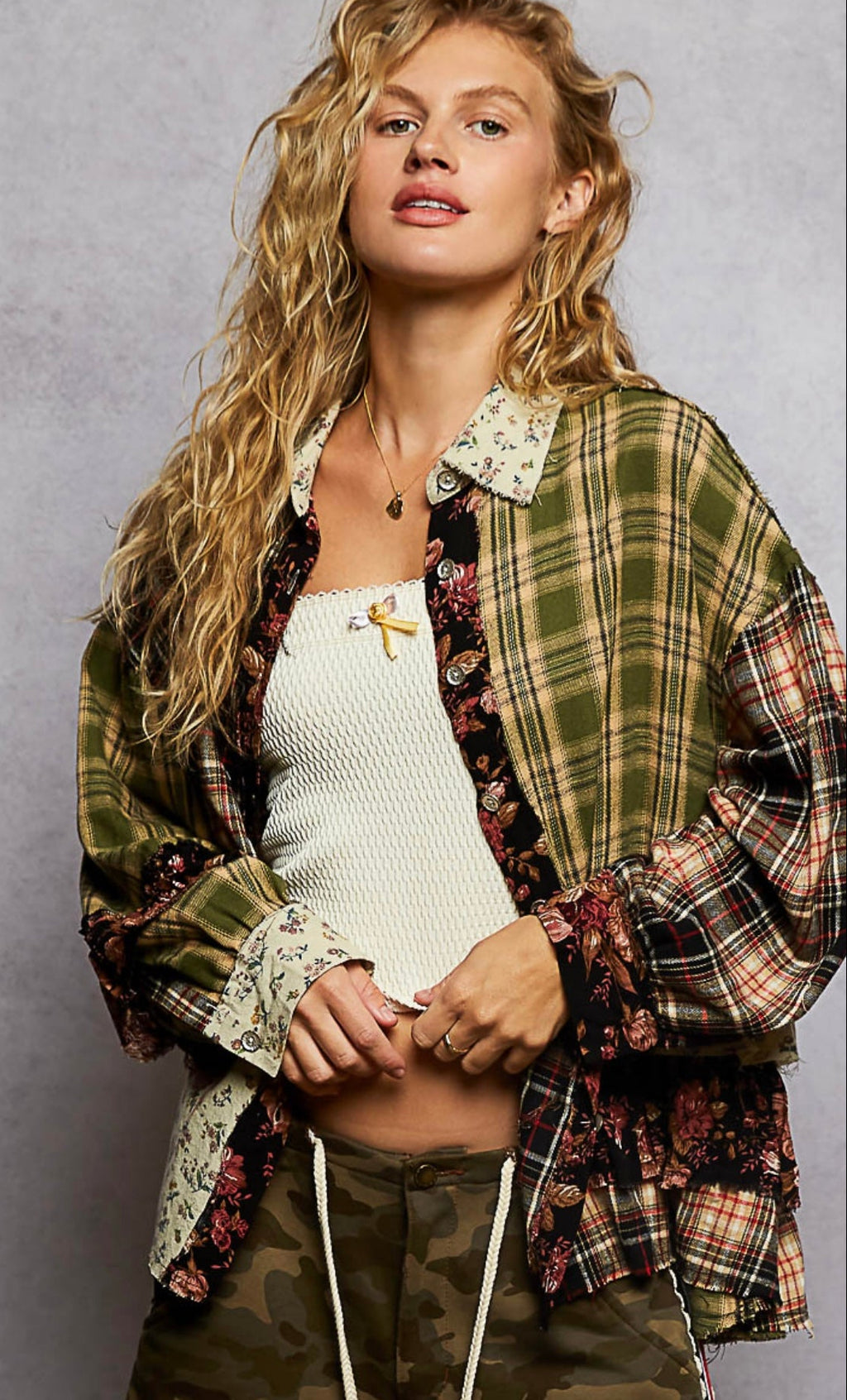 Long Sleeve Plaid Patchwork Floral Detail Button down