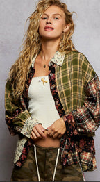 Long Sleeve Plaid Patchwork Floral Detail Button down