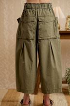 Washed Cotton Oversized Pockets Wide Cargo Pants-vintage olive
