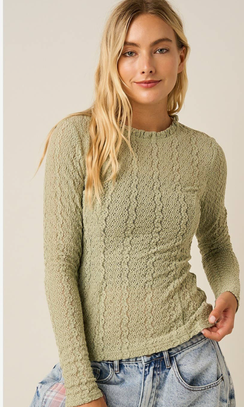 Textured Ruffle Neck Long Sleeve Lace Top