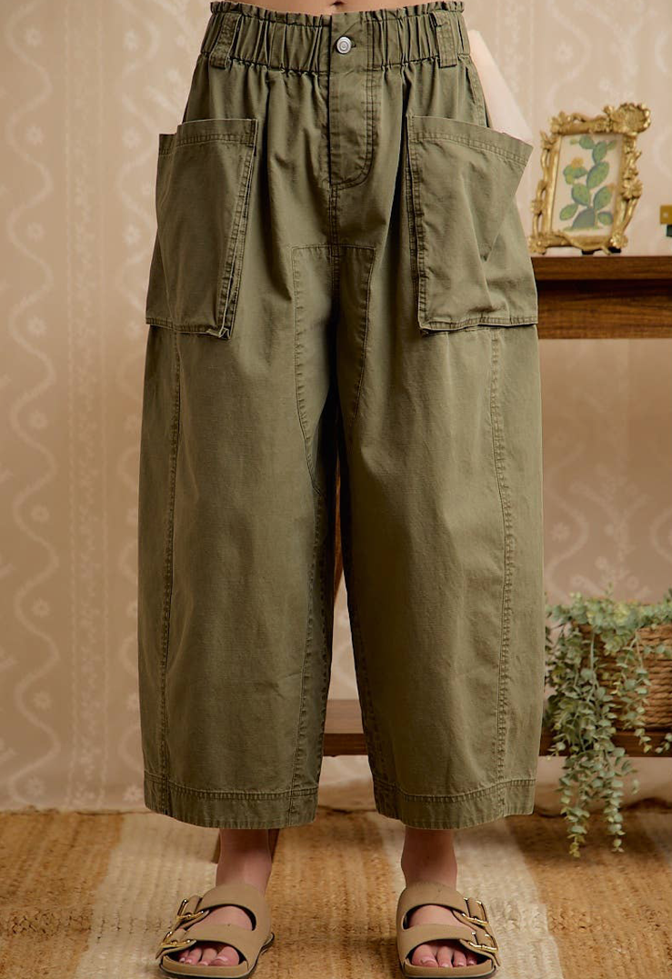 Washed Cotton Oversized Pockets Wide Cargo Pants-vintage olive