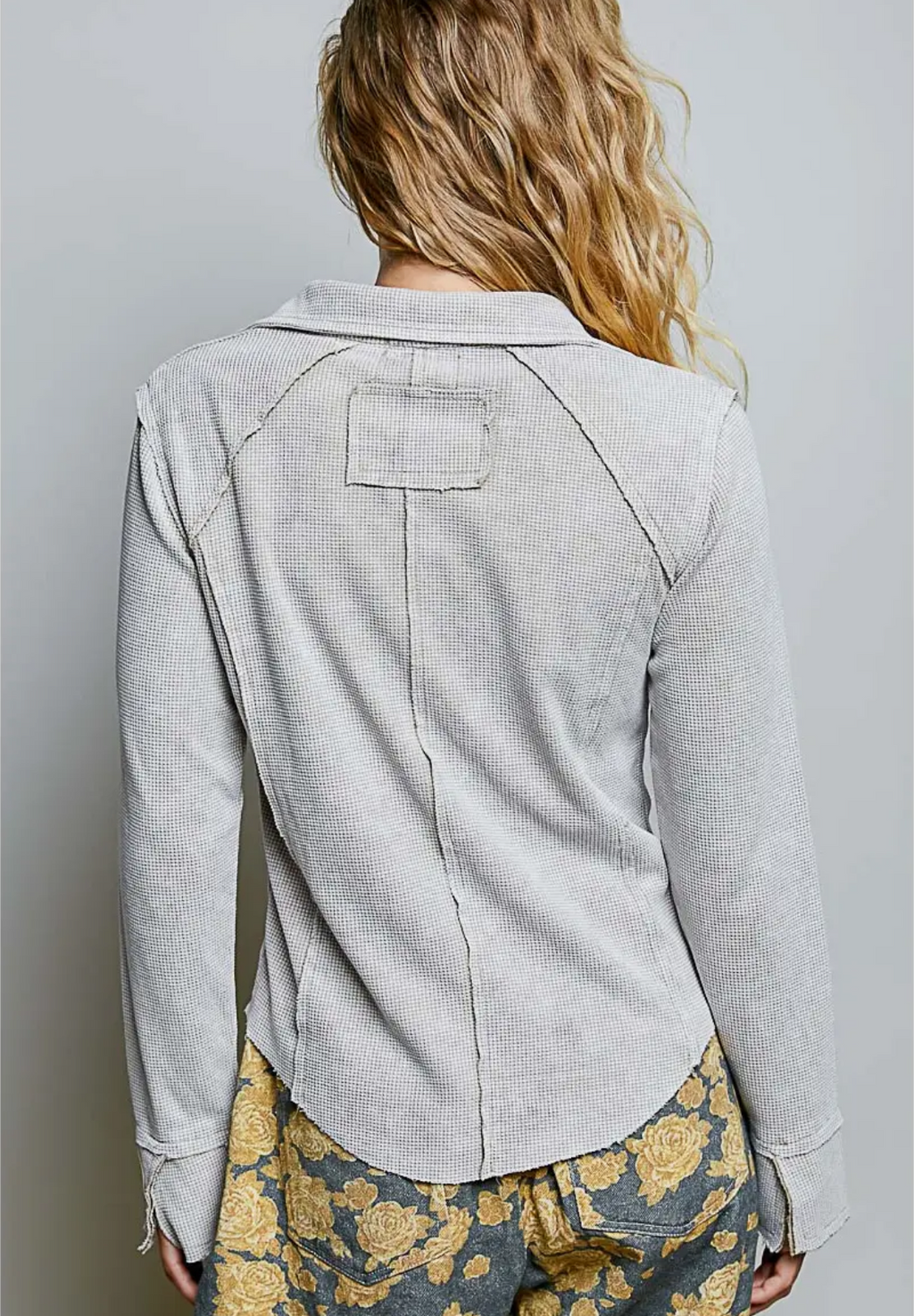 Vintage Wash Thermal V Neck Button Down Long Sleeve Top