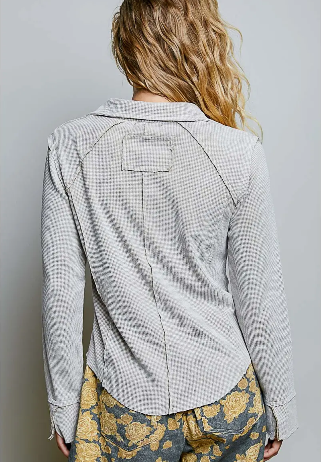 Vintage Wash Thermal V Neck Button Down Long Sleeve Top