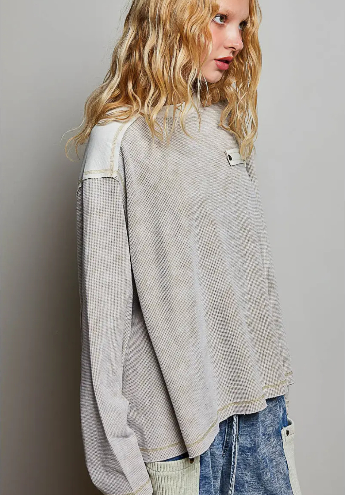 Mixed Panel Thermal Top Vintage Wash Relaxed Fit Shirt