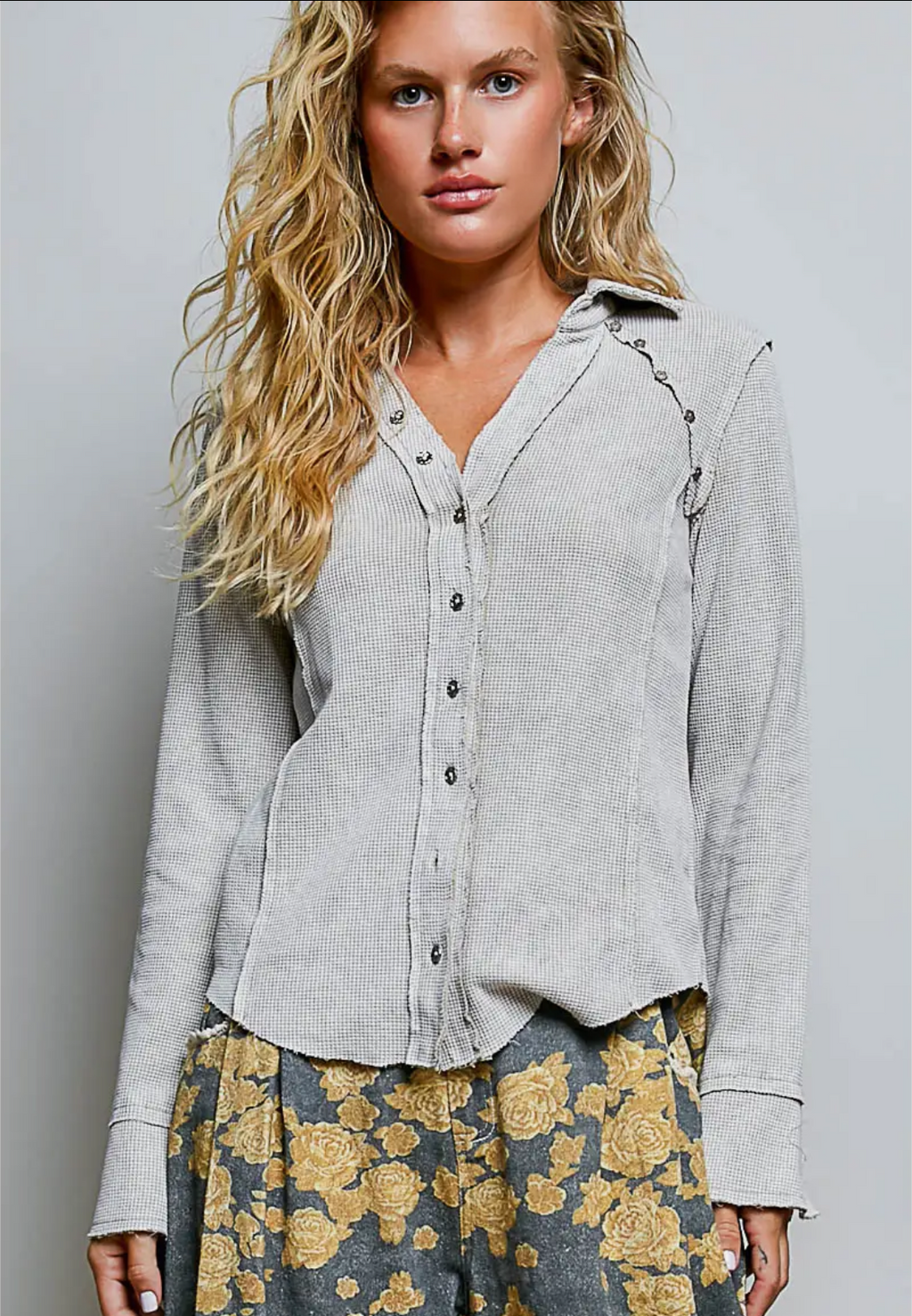 Vintage Wash Thermal V Neck Button Down Long Sleeve Top