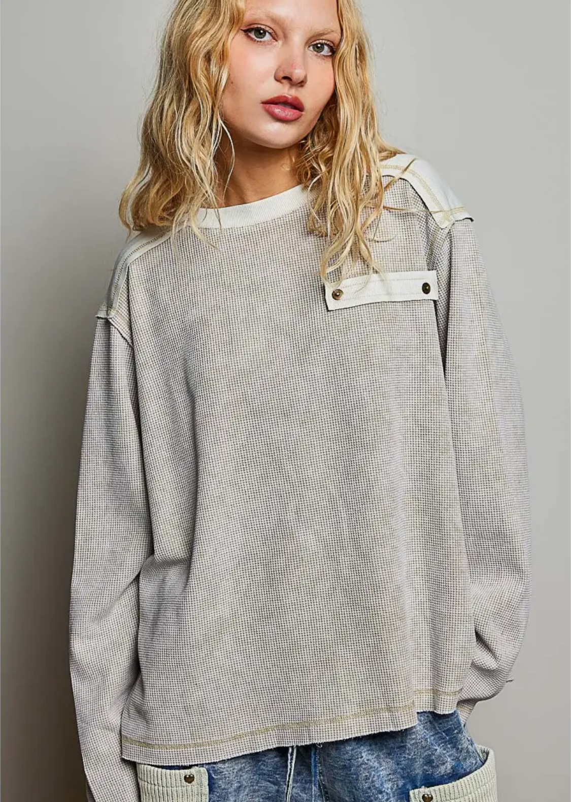 Mixed Panel Thermal Top Vintage Wash Relaxed Fit Shirt
