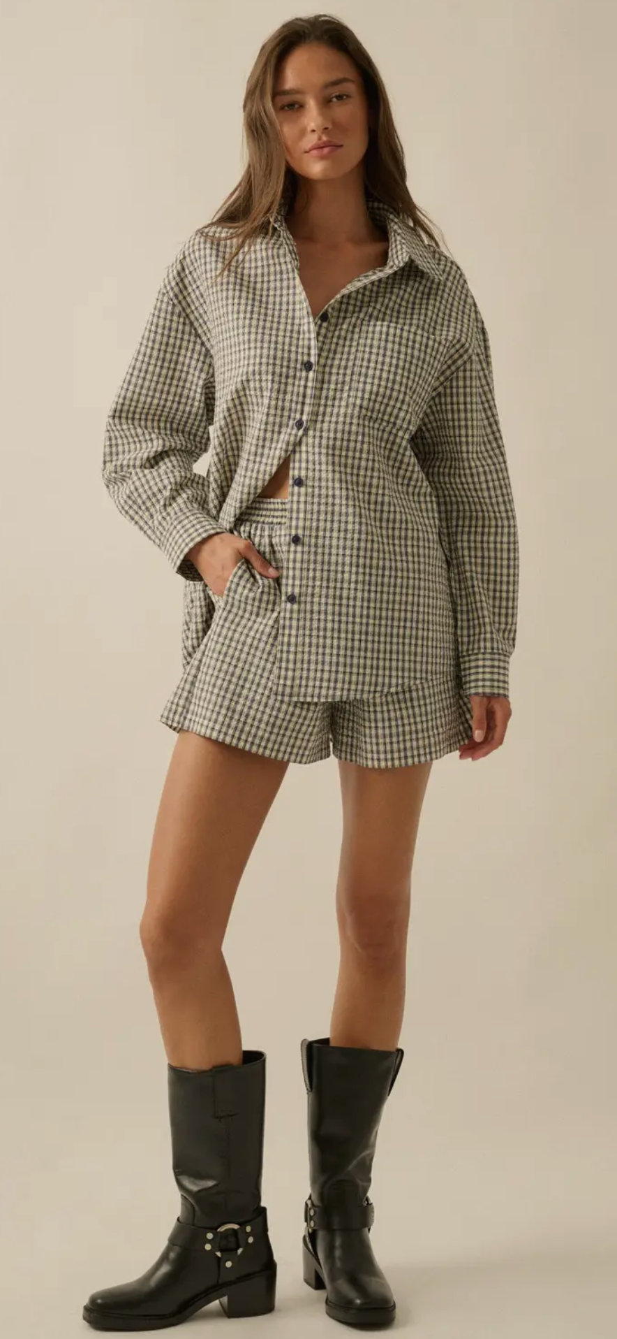 Plaid Textured Searsucker Oversized Button-up Pocket Shirt