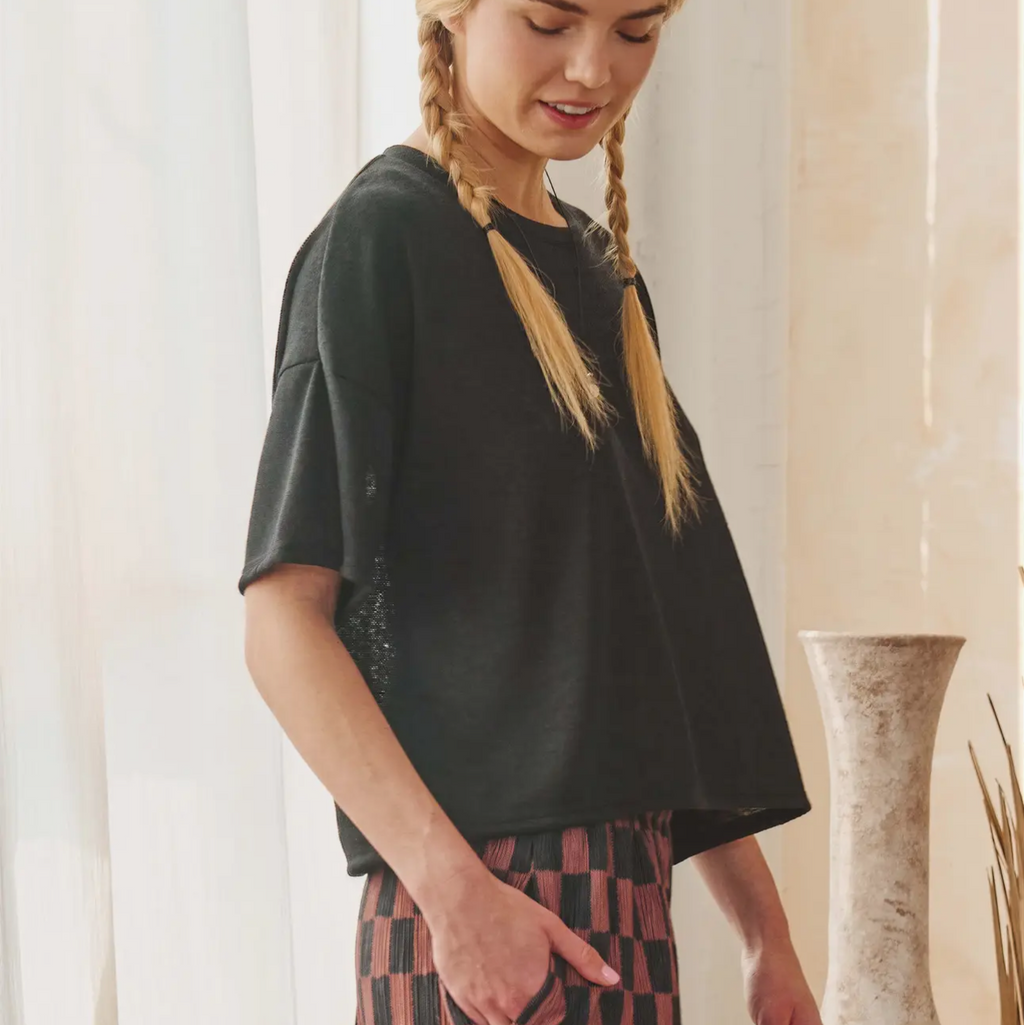 Sheer Cropped Short Sleeve Tee-Black