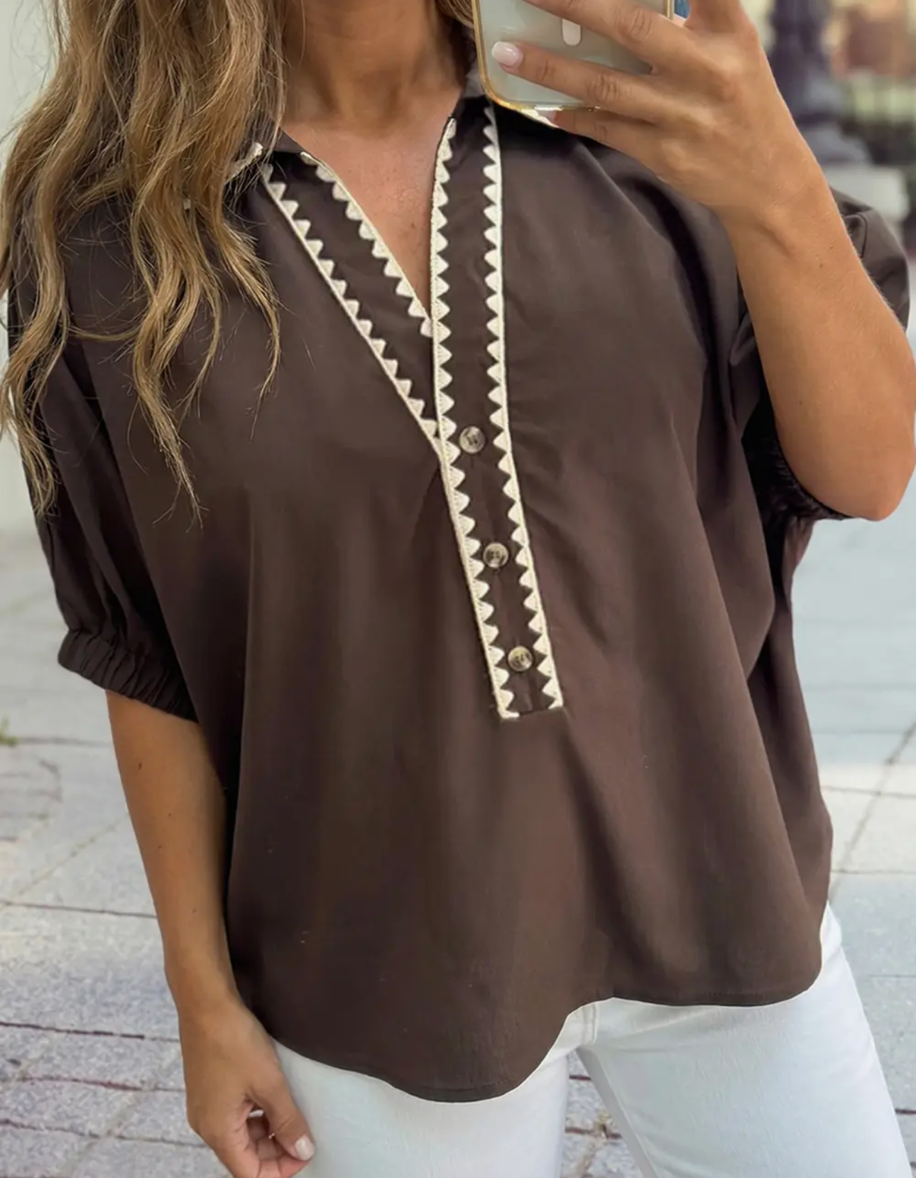 Shirt Collar Contrast Trim Button V Neck Short Sleeve Blouse