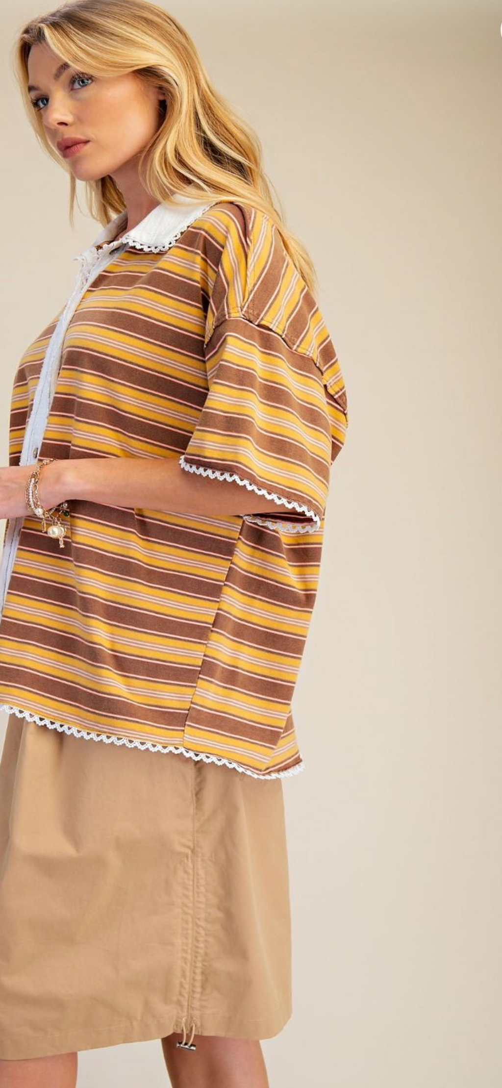 Short Sleeve Stripe Knit Button Down Shirt