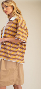 Short Sleeve Stripe Knit Button Down Shirt