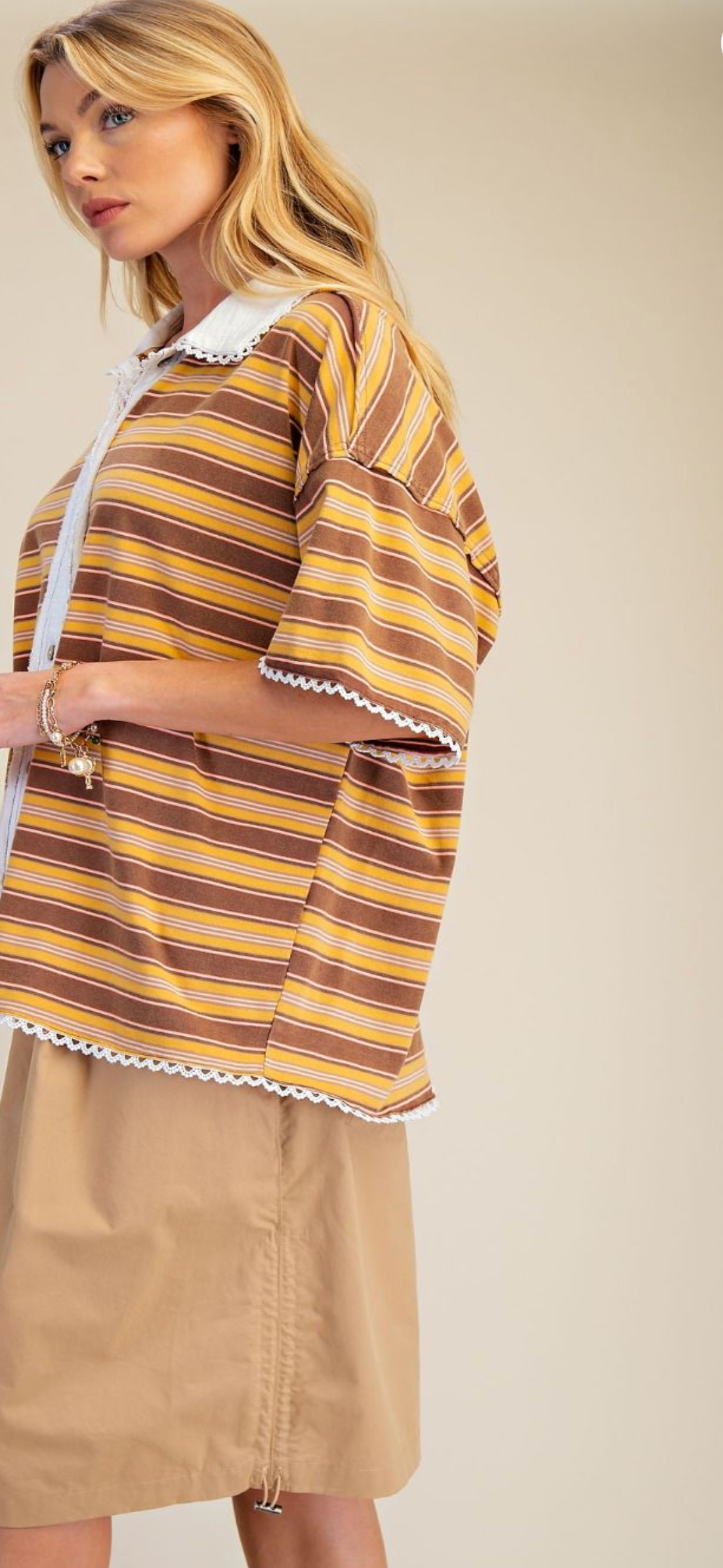 Short Sleeve Stripe Knit Button Down Shirt