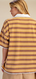 Short Sleeve Stripe Knit Button Down Shirt