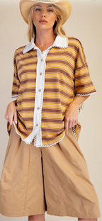 Short Sleeve Stripe Knit Button Down Shirt