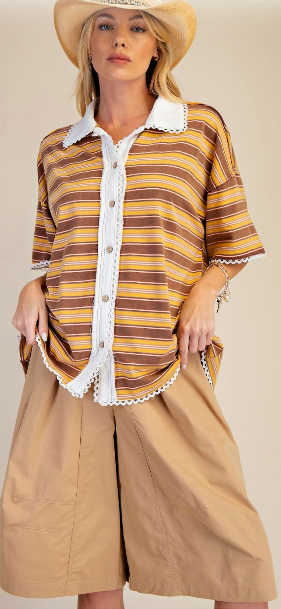 Short Sleeve Stripe Knit Button Down Shirt