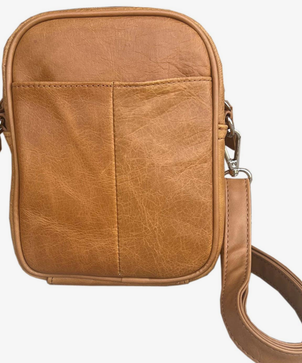 Cowhide Leather Crossbody Shoulder Bag with Phone Pocket-light brown