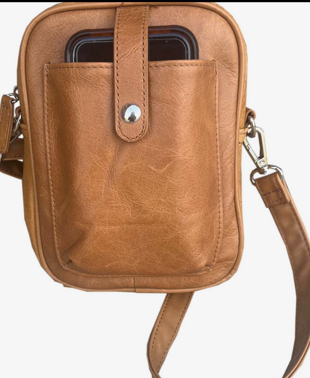 Cowhide Leather Crossbody Shoulder Bag with Phone Pocket-light brown