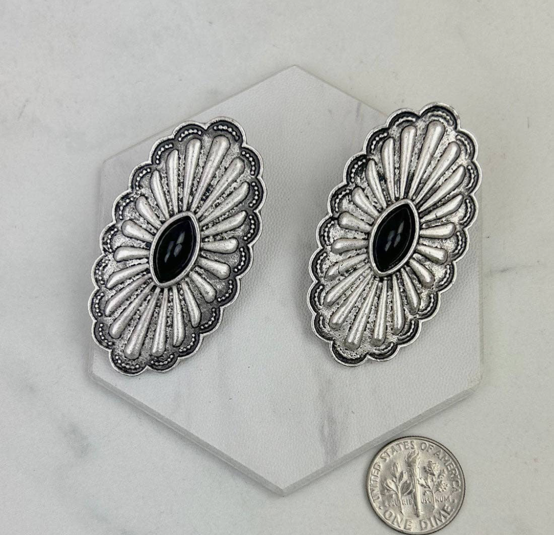 Silver Oval Metal with Black Stone Earrings